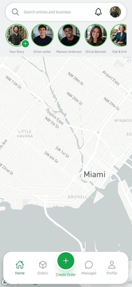 The Entreo business app home screen: nearby Entreos on a live Miami map