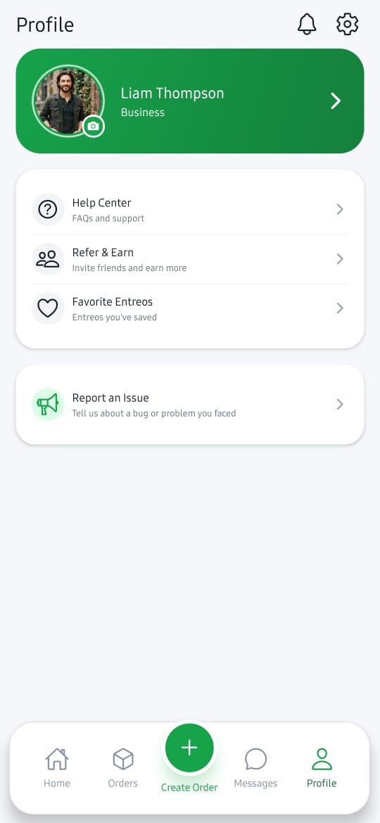 The Entreo business app Profile screen, including saved Favorite Entreos
