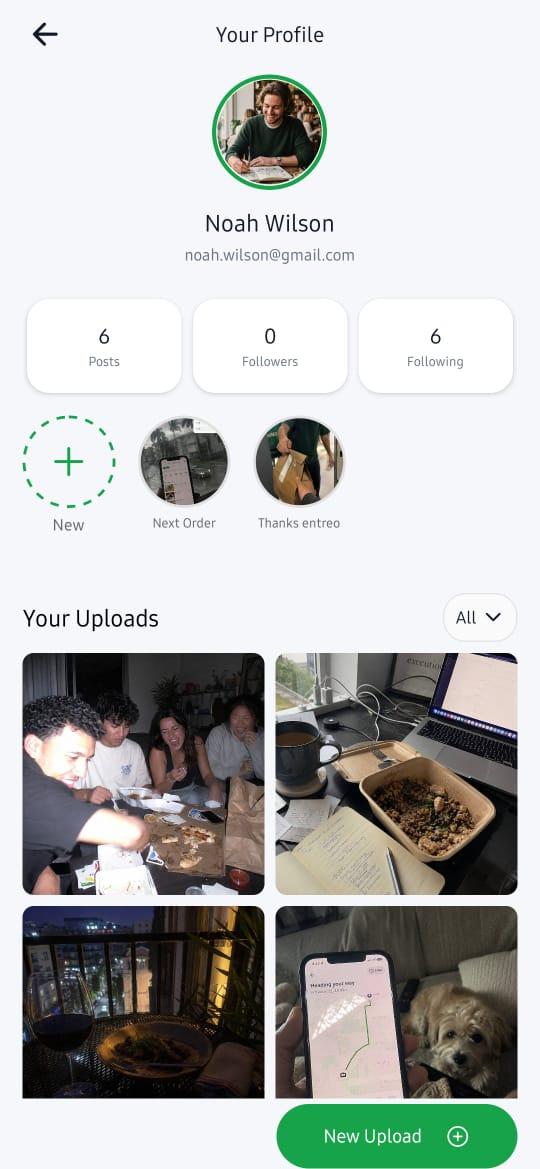 A customer profile in the Entreo app: past orders, saved moments, and uploads from deliveries
