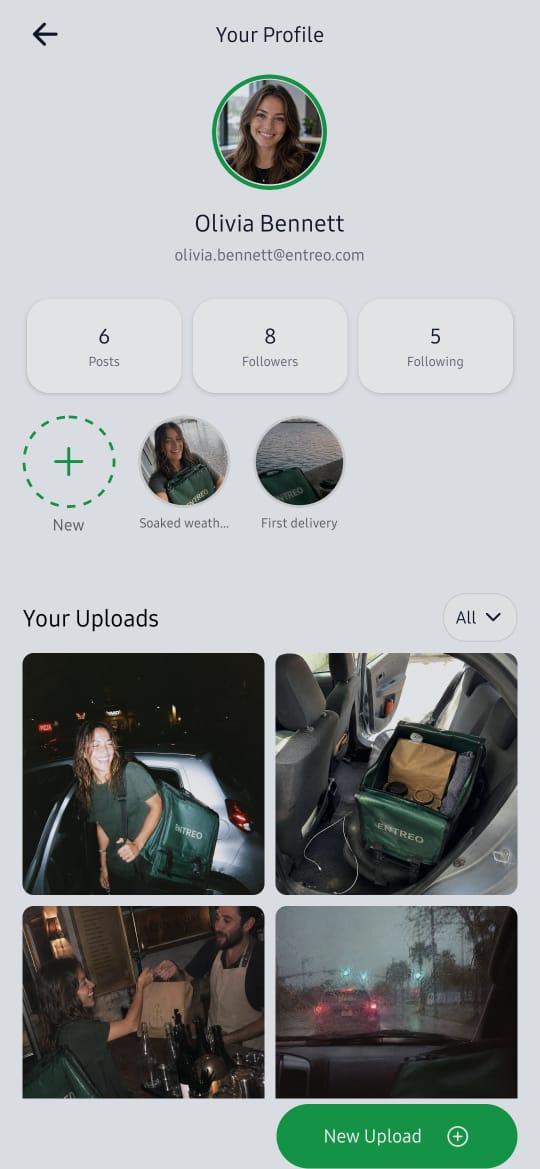 An Entreo profile in the app: name, posts, followers, and uploads from past deliveries