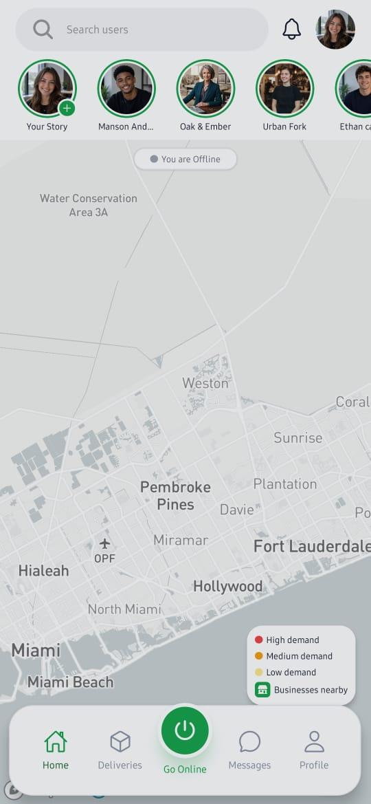The Entreo app home screen: nearby businesses and demand on a live South Florida map, with the Go Online control