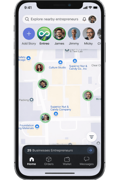 Entreo app showing live delivery tracking on a Miami map