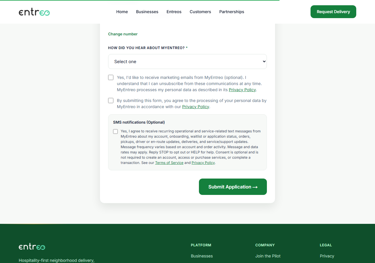 Business: The onboarding form after verification, showing the SMS notifications (Optional) section with an unchecked checkbox and the full consent disclosure.