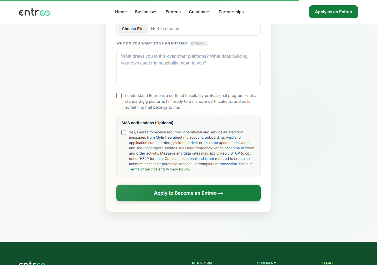 Entreo delivery partner: The onboarding form after verification, showing the SMS notifications (Optional) section with an unchecked checkbox and the full consent disclosure.